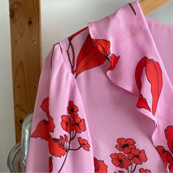 Parker Pink Red Floral Print Silk Blend Pasha Ruffle Wrap Blouse - Picture 7 of 16